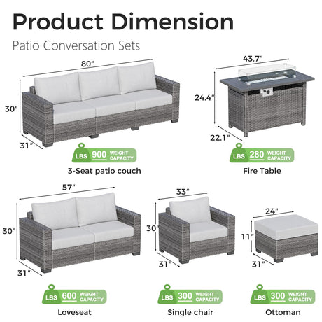 WACASA 7 Piece Patio Furniture Set with Fire Pit Table, Outdoor Patio Sectional Sofa Couch with Washable Cover, Natural Rattan Weave Conversation Set for Garden Outdoor WACASA