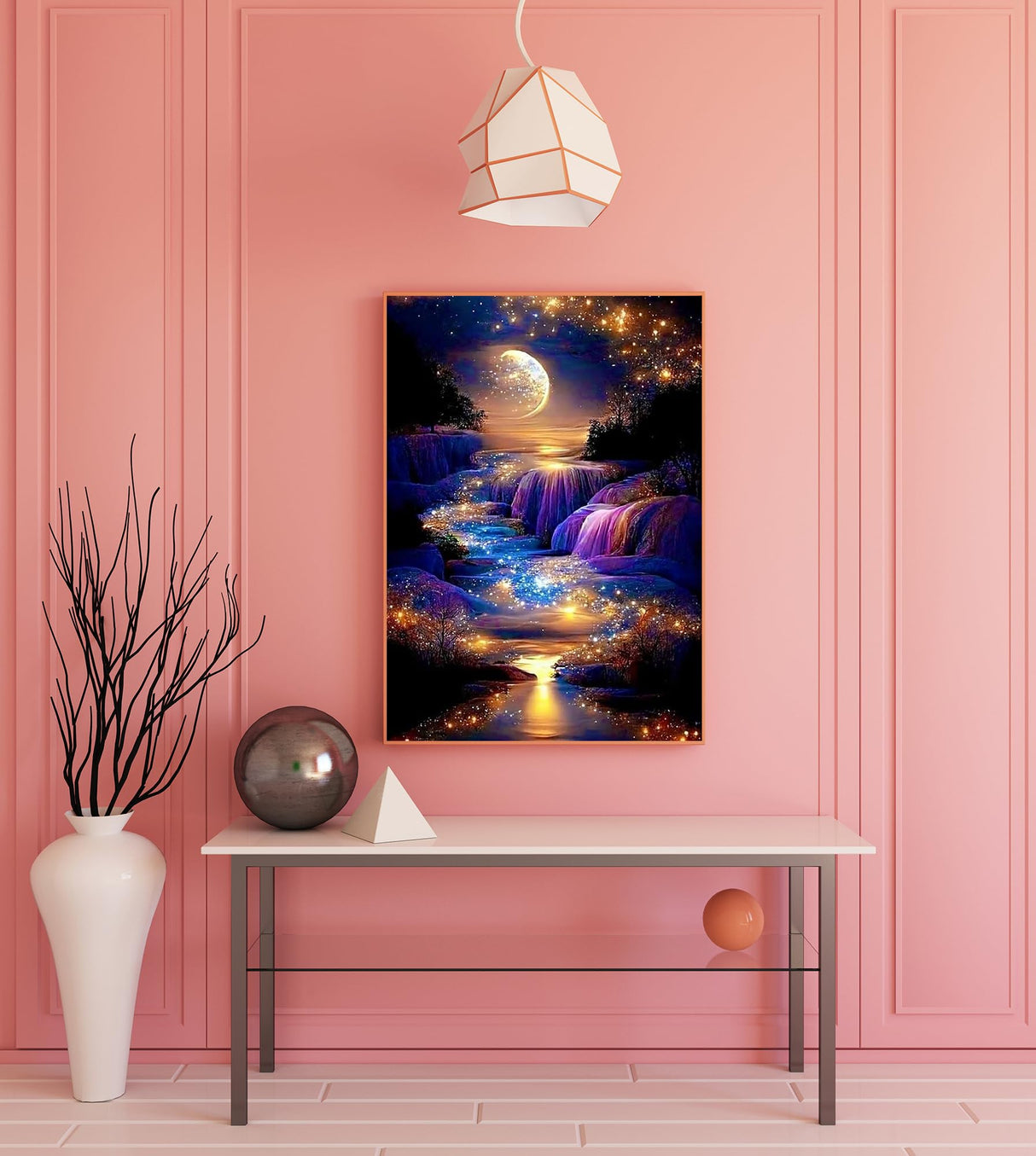 KINPLUB 5D Diamond Painting Kits for Adults, Moon Waterfall Diamond Art Kits for Beginners, DIY Full Round Drill Moonlight Landscape Paint with Diamond Dots, Home Wall Decor 12 x 16 Inch KINPLUB