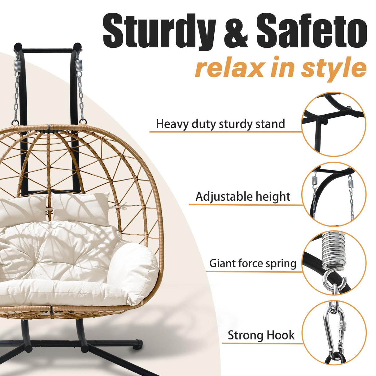 Nevsokio Double Egg Swing Chair with Stand - 2 Person Hammock Egg Chair for Outdoor, Patio, Garden & Balcony - Heavy-Duty Steel Frame, All-Weather Pe Rattan & Uv-Resistant Cushions (White) Nevsokio