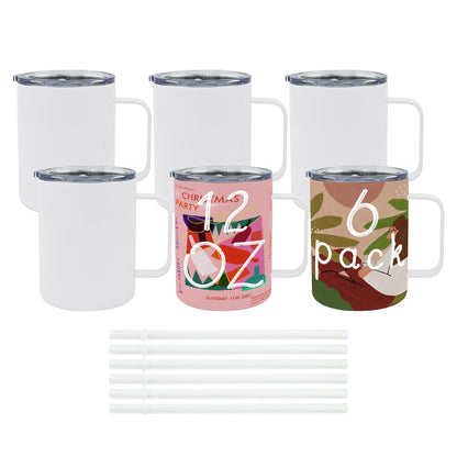 JYLJINGYULI 6 Pack 12 oz Sublimation Tumblers with handle Coffee Blanks, with Lid and Straw Cups Blank Bulk, Straight Skinny Insulated Cup Stainless Steel Water Bottle for Craft DIY… - WoodArtSupply