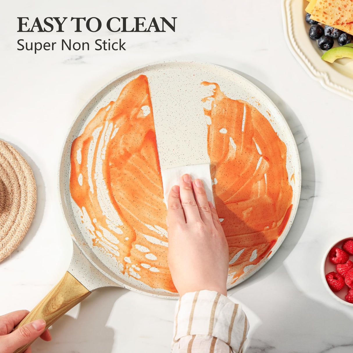 SENSARTE Nonstick Crepe Pan with Spreader, 10-Inch Natural Ceramic Coating Dosa Pan Pancake Flat Skillet Tawa Griddle with Stay-Cool Handle, Induction Compatible, PFOA Free (White) SENSARTE