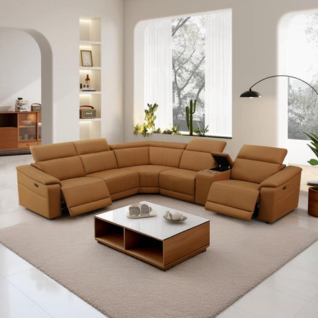 GEBADOL Power Recliner Sectional Sofa, L-Shaped Living Room Furniture Set, Light Brown Leather Sofa, Reclining Sectional Couch with Storage Console/Cup Holder for Living Room/House/Apt GEBADOL
