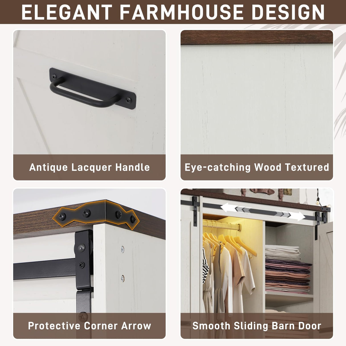 Farmhouse 4 Doors Armoire Wardrobe Closet w/Folding Sliding Barn Door and Lights, LED Armoire Closet w/Drawers for Bedroom, Freestanding Wooden Wardrobe Storage Closets w/Hanging Rod,Antique White jiteentarou