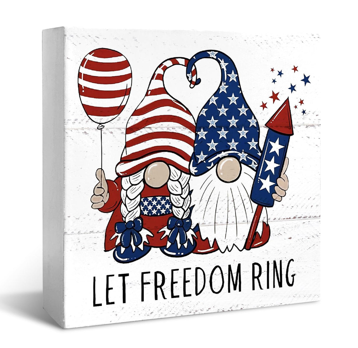 JXREQ 4th of July Decorations, Patriotic Decor Wood Box Sign, Independence Day Tiered Tray Decor, Farmhouse Rustic Gnomes Let Freedom Ring Sign, Home Office Bedroom Table Decoration, 5x5 Inch JXREQ