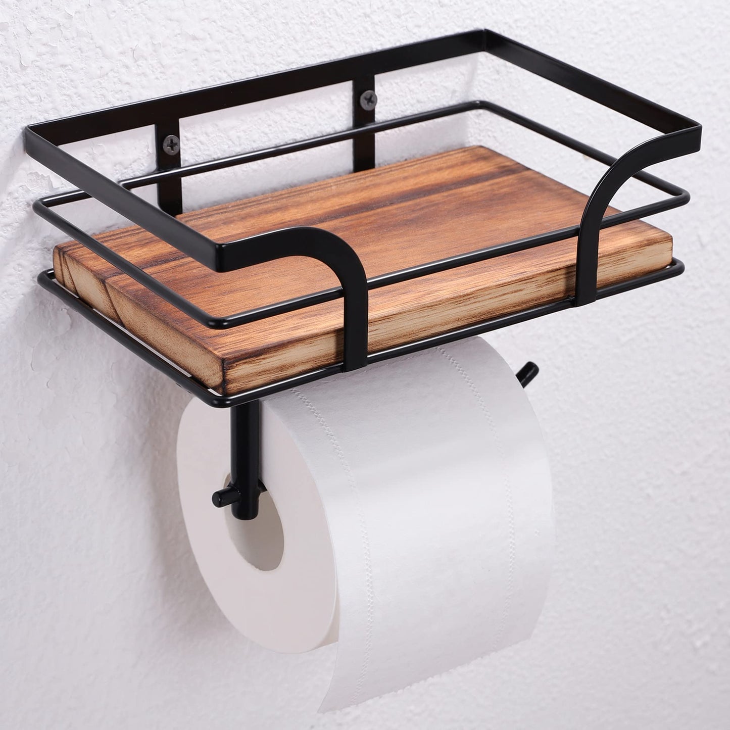 AIDILI Rustic Farmhouse Toilet Paper Holder with Shelf - Farmhouse Bathroom Rustic Country Decor - Rustic Bathroom Accessories with Warm Brown Wood Shelf for Wipes&Cell Phone&Reading, Black M - WoodArtSupply