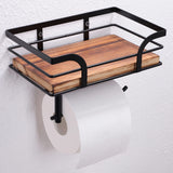 AIDILI Rustic Farmhouse Toilet Paper Holder with Shelf - Farmhouse Bathroom Rustic Country Decor - Rustic Bathroom Accessories with Warm Brown Wood Shelf for Wipes&Cell Phone&Reading, Black Metal AIDILI