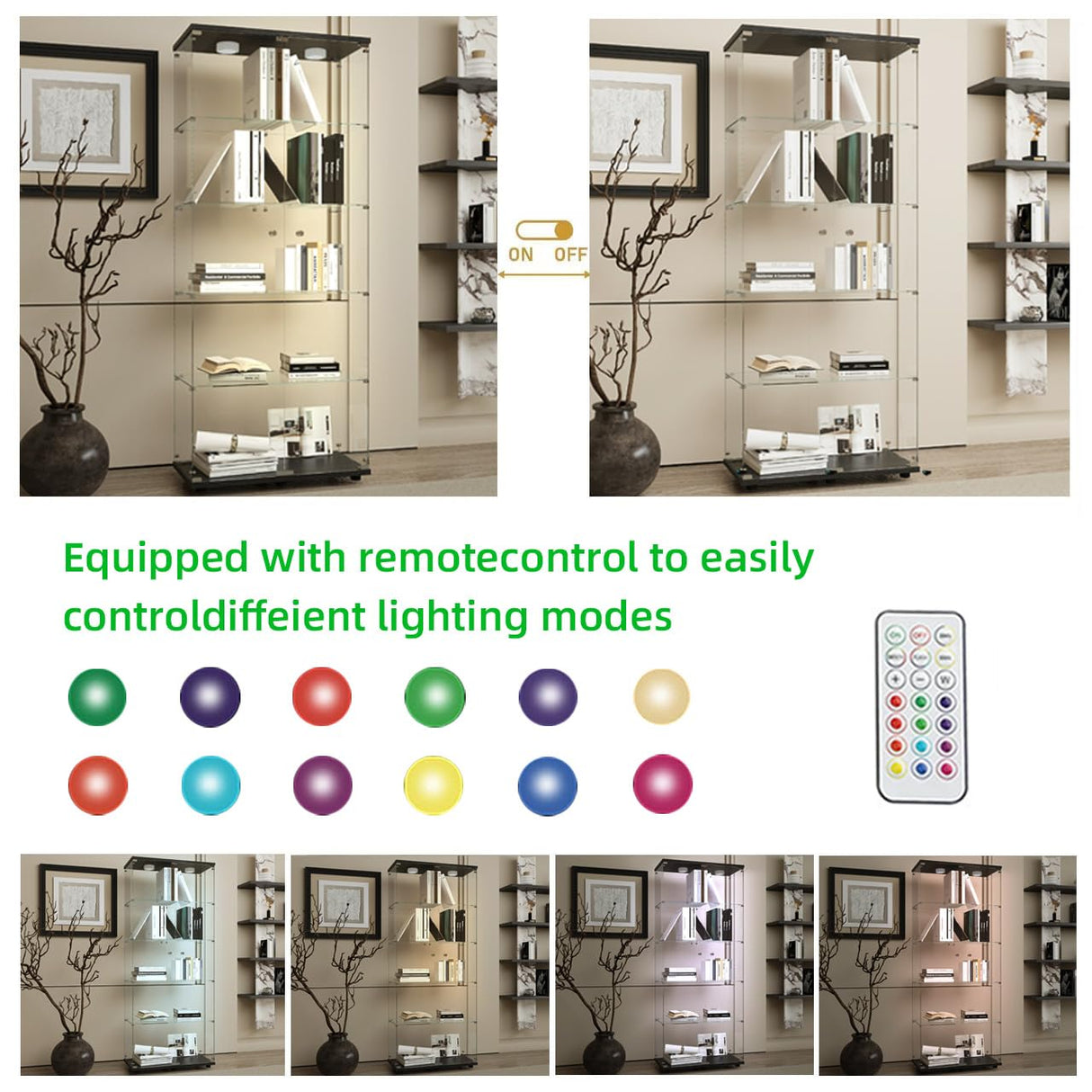 74.8" Tall Glass Display Cabinet with LED Lights, Curio Glass Cabinet with 5 Shelves with 2 Door, Quick-Install Style Floor Standing Bookshelf File Cabinet for Home Office Kootlena