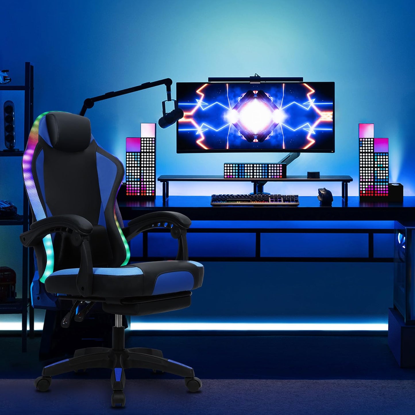 Ergonomic Gaming Chair, Massage Computer Gamer Chair with Bluetooth Speakers and RGB LED Lights Height Adjustable Game Chair with Footrest and Lumbar Support Racing Style Gaming Office Chair Blue