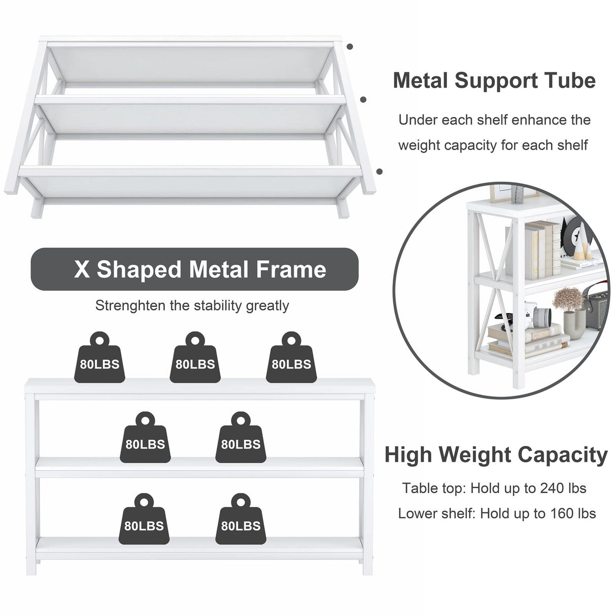 FATORRI Console Table for Entryway, Rustic Long Sofa Table with 3 Tier Shelves, Modern White Hallway Tables for Living Room (55 Inch, White Oak) FATORRI