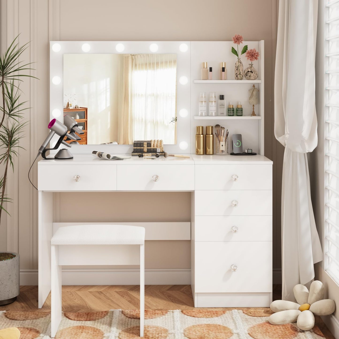 VOWNER Vanity with Lights - 47" Makeup Vanity Desk with Glass Top, 6 Drawers, 3 Storage Shelves and Outlet, 3 Color Lighting Modes with Adjustable Brightness, Makeup Desk with Stool for Bedroom, White