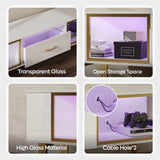 Bestier TV Stand with LED Light for TVs up to 80 inch, Modern Entertainment Center with Open Storage and Half-Glass Design Drawer, High Gloss Media Console Table for Living Room Bedrom, White and Gold Bestier