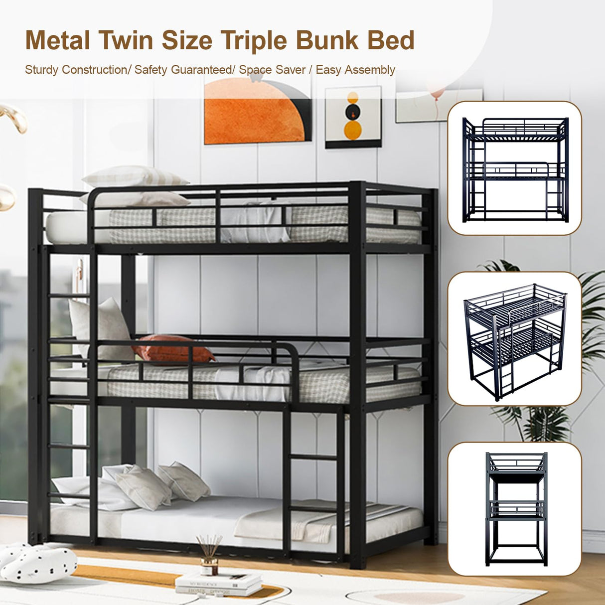 AnoYishev Triple Bunk Bed for Kids,Twin Over Twin Over Twin Metal Bunkbeds with Ladder for Kids Teens Bedroom, No Box Spring Needed, Easy Assembly (Black) AnoYishev