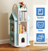 Suuiwau 360° Rotating Bookshelf Kids,Blue Revolving Bookcase 3-Tier Spinning Dollhouse Bookshelf Floor Standing Book Storage Organizer for Children's Room Suuiwau