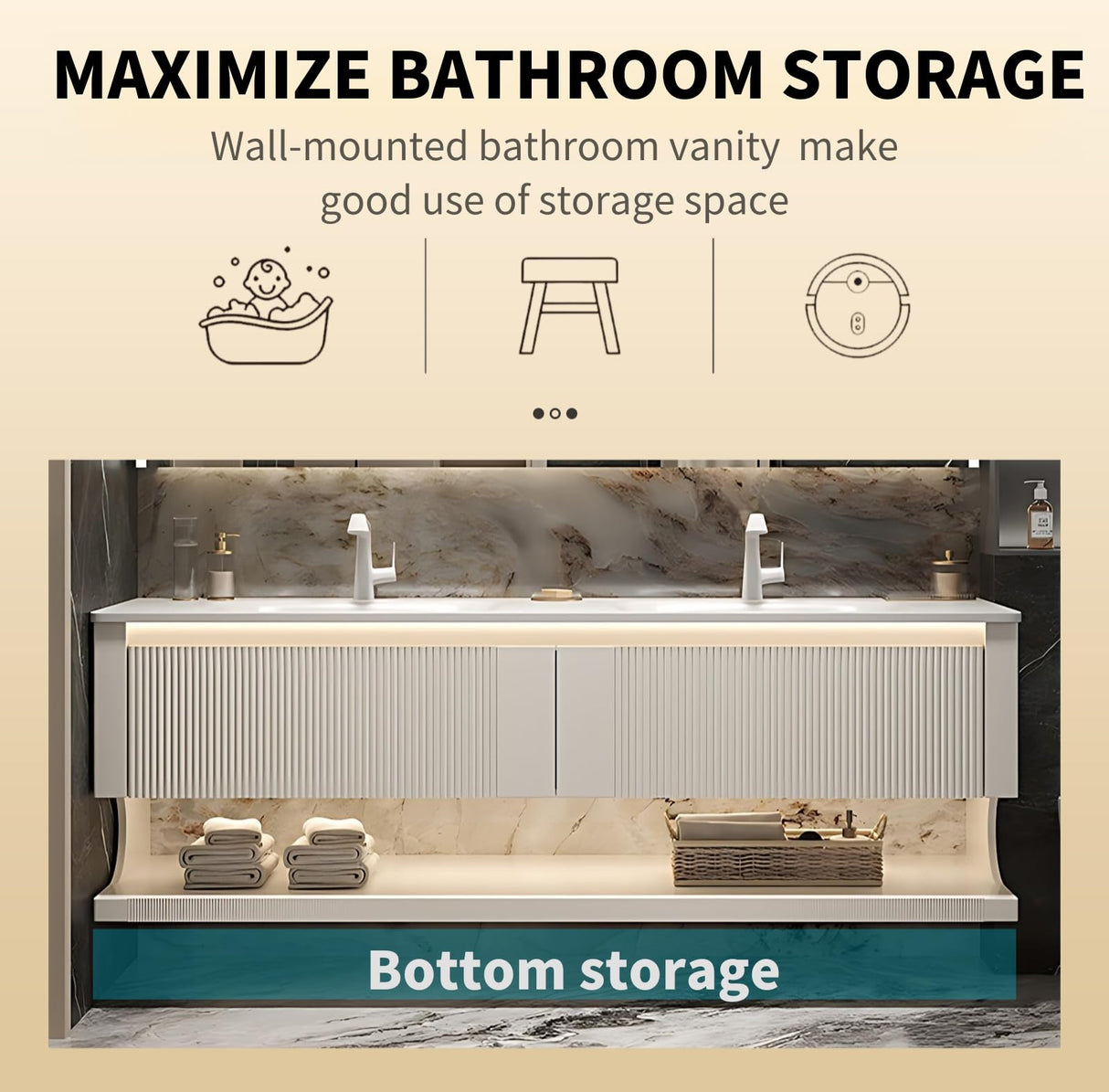 Dual Sink Bathroom Vanity, Modern Bathroom Vanity with Double Sink, 60" Solid Wood Bath Vanity Set Includes Smart LED Mirror Cabinet and Strip Sink Cabinet, Floating Sink Vanities for Home - White LUTHXAY