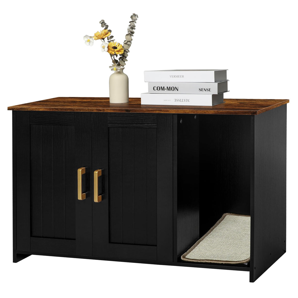 Dwanton Litter Box Enclosure, Cat Litter Box Furniture Hidden, with Scratching Mat, Wooden Cat Washroom Indoor, 31.5" L x 19.7" W x 21.7" H, Black and Rustic Brown Dwanton