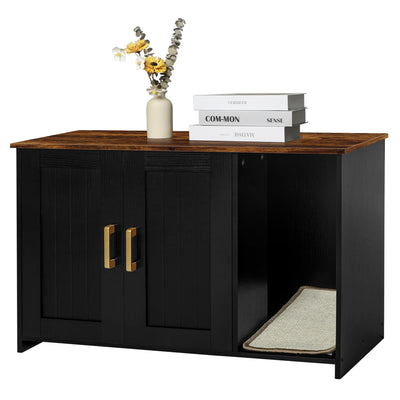 Dwanton Litter Box Enclosure, Cat Litter Box Furniture Hidden, with Scratching Mat, Wooden Cat Washroom Indoor, 31.5" L x 19.7" W x 21.7" H, Black and Rustic Brown