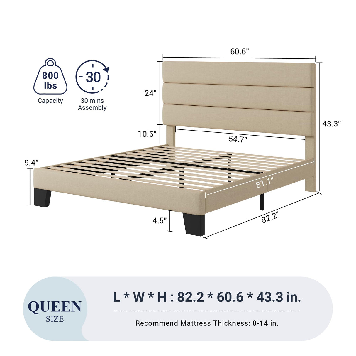 Allewie Queen Size Platform Bed Frame with Fabric Upholstered Headboard and Wooden Slats Support, Fully Upholstered Mattress Foundation/No Box Spring Needed/Easy Assembly, Beige Allewie