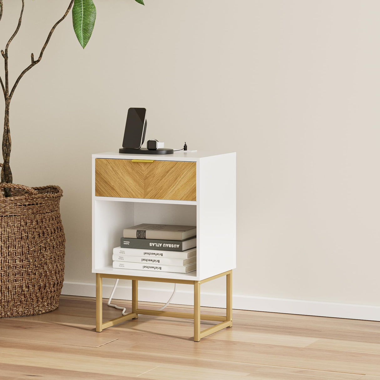 Masupu Night Stand with Charging Station,Modern Nightstand Boho Farmhouse Wood Bedside Table with Storage Drawer Side End Table for Bedroom,Living Room,Office,White with Outlet Masupu