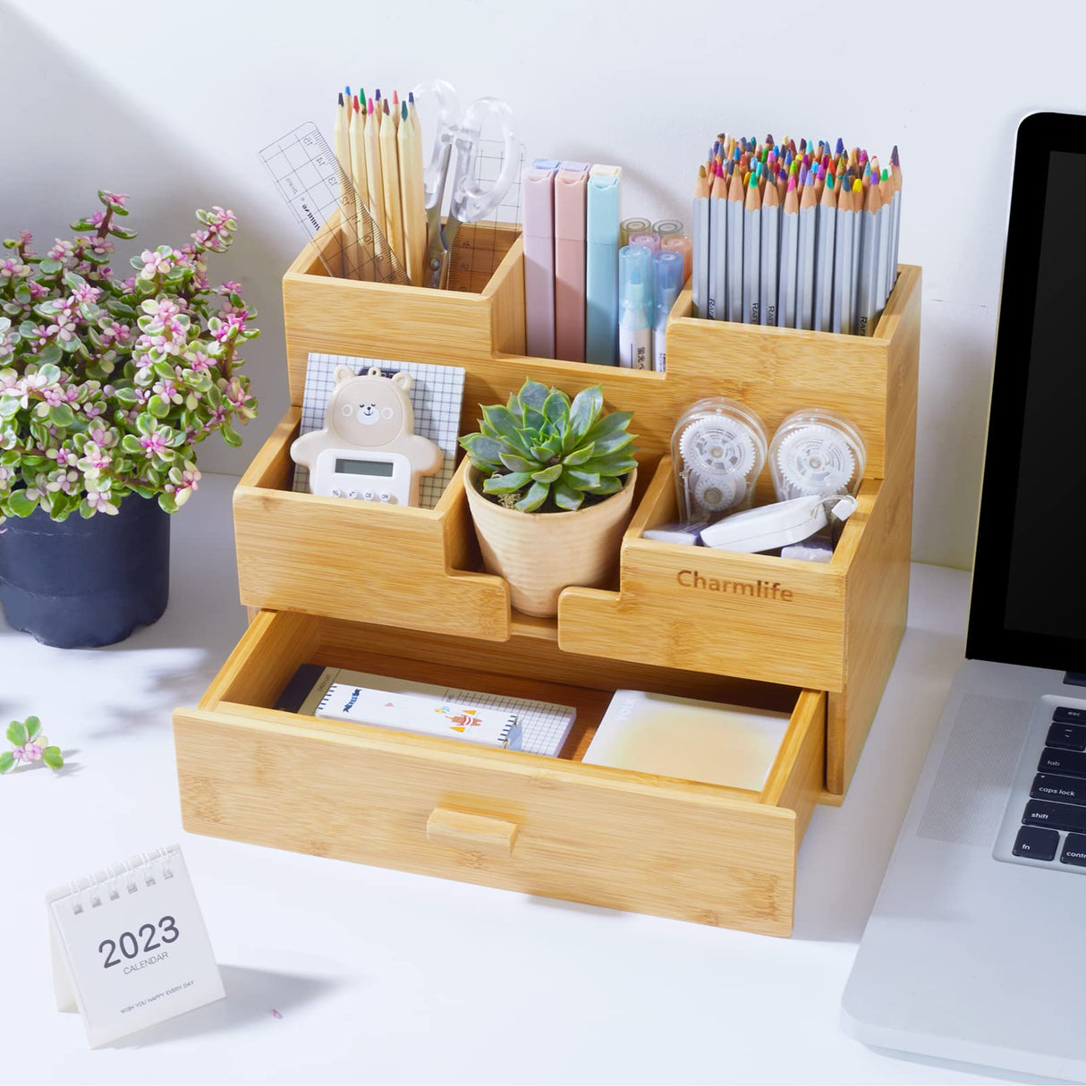 Charmlife Bamboo Desk Organizer - Makeup & Pen Storage with Drawer & Pencil Holder for Office Organization Charmlife