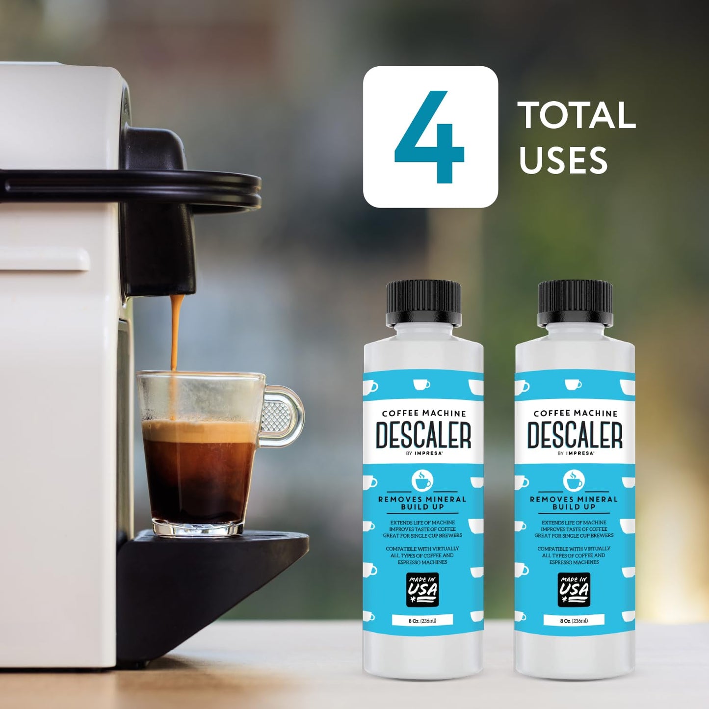 Descaler (2 Pack, 2 Uses Per Bottle) - Made in the USA - Universal Descaling Solution for Keurig, Nespresso, Delonghi and All Single Use Coffee and Espresso Machines