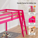 Bonnlo Low Loft Bed Twin Size with Inclined Stairs, Junior Loft Bed with High Guard Rail for Kids/Young Teens/Adults, Solid Wood Low Bunk Bed Twin Size Pink, No Box Spring Required Bonnlo