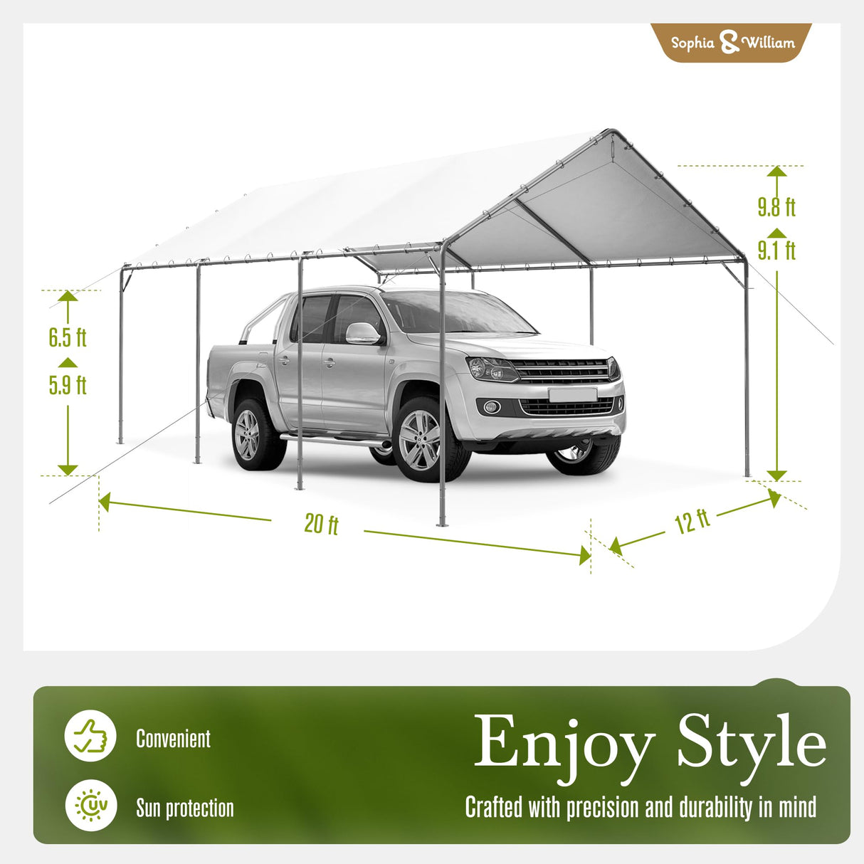 Carport Car Port Canopy 12x20 ft Heavy Duty, Portable Garage Shelter Logic Car Tents Carpas para Carros All Weather for Truck Boat, Galvanized Steel Frame Carports Height Adjustable White Sophia & William