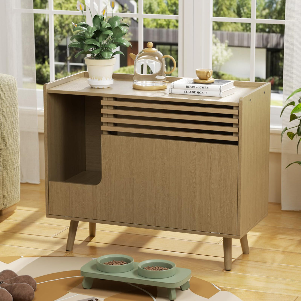 Halitaa Cat Litter Box Enclosure,Mid-Century Modern Hidden Litter Box Furniture with Cat Scratch Pad,Flip-Down Opening Litter Box Cabinet Cat Washroom End Table,Natural Halitaa