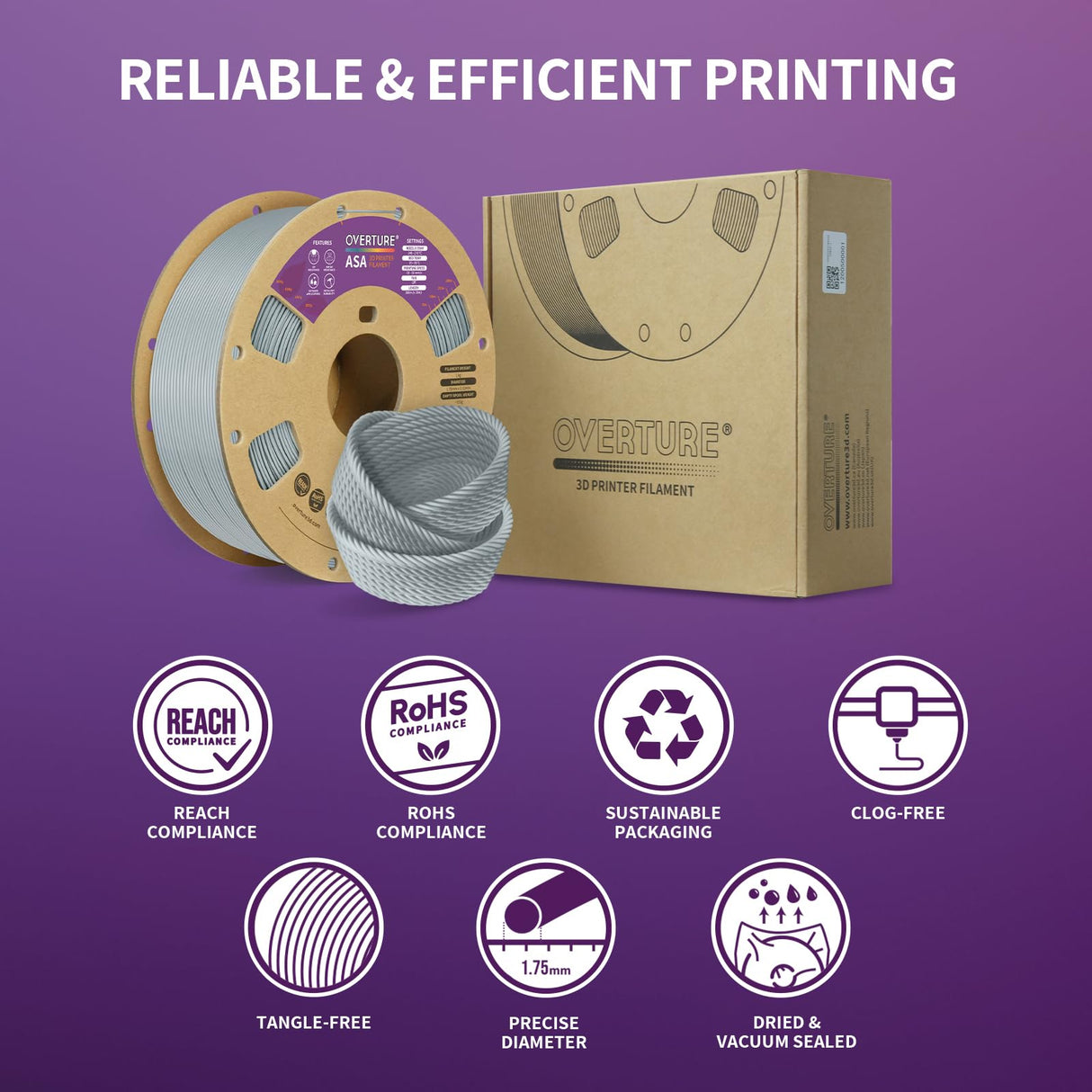 OVERTURE ASA Filament 1.75mm, 1kg Spool (2.2lbs) 3D Printer Filament, Premium Anti-UV, ASA Filament Perfect for Printing Outdoor Functional Parts, Dimensional Accuracy +/- 0.02 mm (Black) OVERTURE