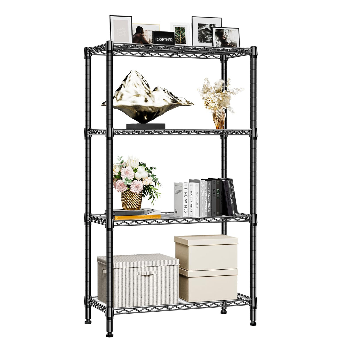 M MZG 1000 lbs 4 Tier Shelf Metal Storage Shelves Shelving Wire Rack Heavy Duty Closet Organizers for Garage Kitchen Bathroom Laundry Black 15.7" D x 33.5" W x 59.5" H M MZG