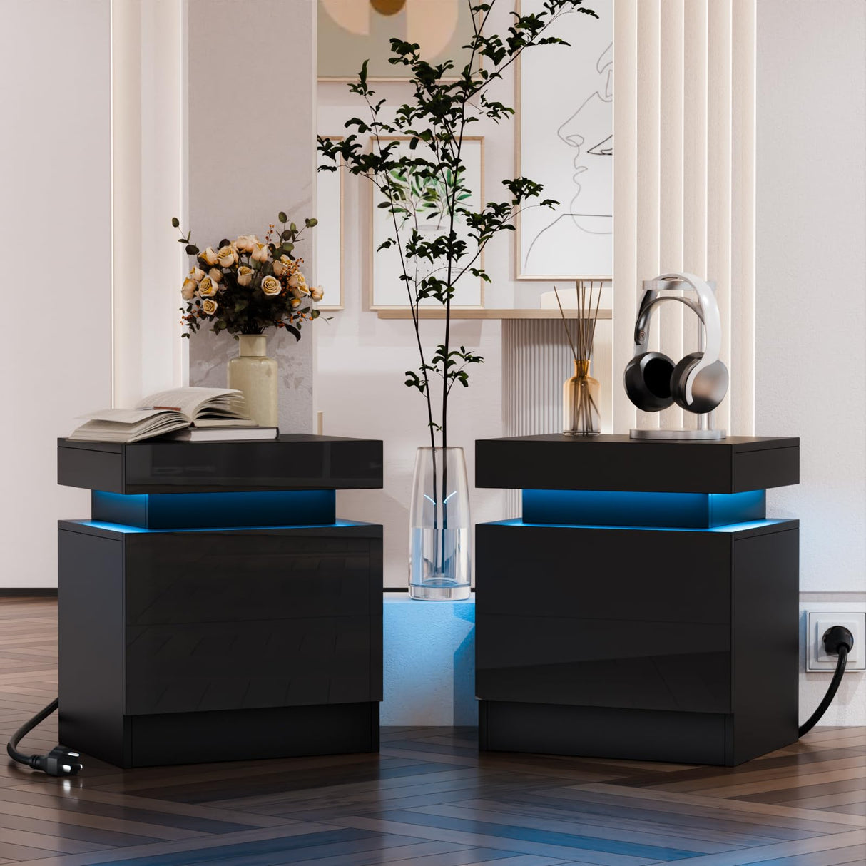 HOMMPA Set of 2 LED Nightstands Modern Black Nightstand with Led Lights Wood Matte Led Bedside Table Night Stand with 2 High Gloss Drawers for Bedroom 20.5" Tall HOMMPA