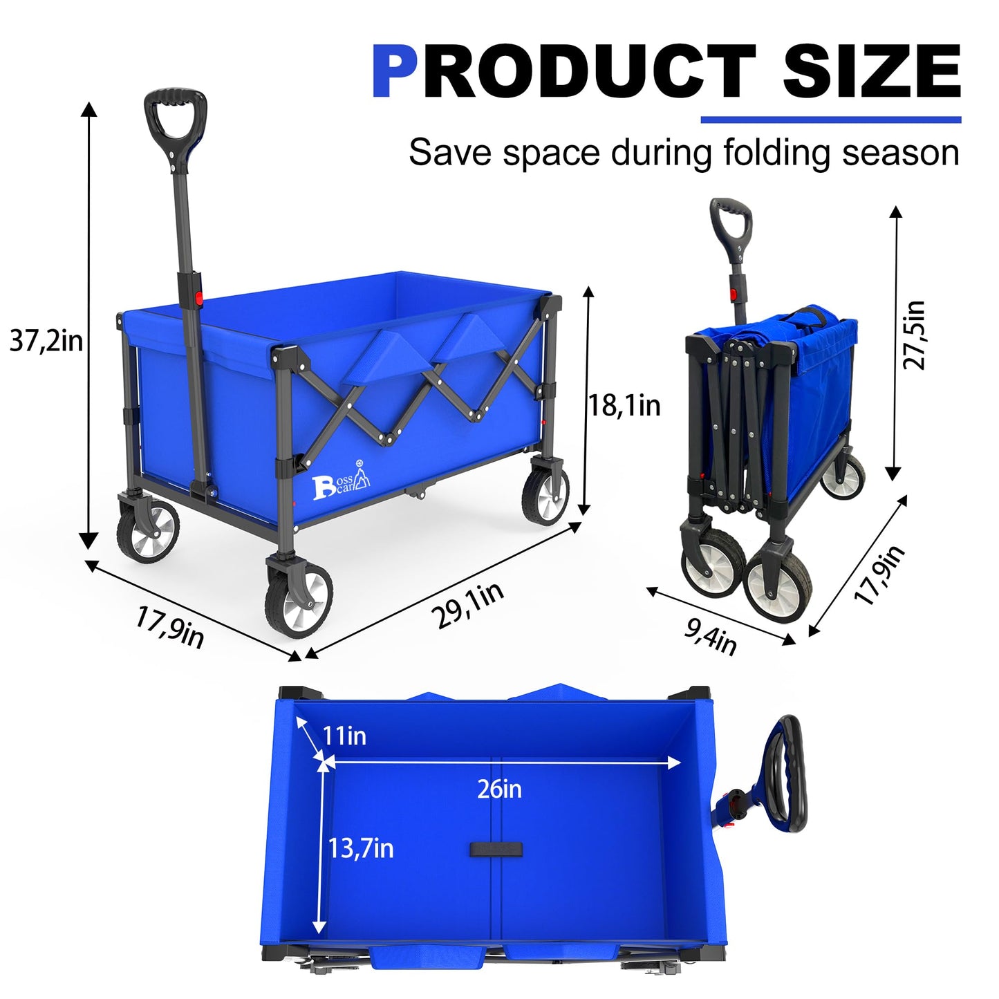 Bossicar Collapsible Folding Wagon, Outdoor Utility Grocery Large Wagon Cart Heavy Duty Foldable with Silent Universal Wheels, Adjustable Handle, Camping, Garden, Shopping (Blue, 80L)