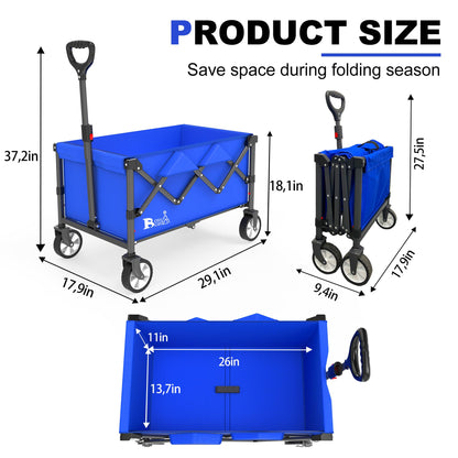 Bossicar Collapsible Folding Wagon, Outdoor Utility Grocery Large Wagon Cart Heavy Duty Foldable with Silent Universal Wheels, Adjustable Handle, Camping, Garden, Shopping (Blue, 80L)