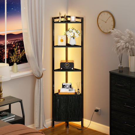 Furnulem Corner Shelf,5-Tier Corner Cabinet with Storage and LED Light, 62.8” Standing Display Bookshelf for Bedroom, Living Room, Kitchen, Wood Display Shelf (Black Oak) Furnulem