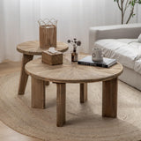 HuiDao Farmhouse Living Room Coffee Table Set of 2, Modern Circle Nesting Table Round Natural Finish with Handcrafted Old Solid Wood, Wooden Unique Coffee Table HuiDao