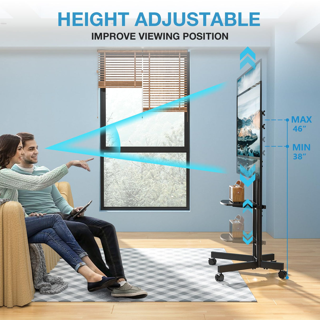 YOMT Mobile TV Stand for 32-75 inch TVs - Height Adjustable Rolling TV Stand, 88lbs Capacity, 2-inch Caster Wheels Portable TV Stand with Removable Storage Shelf YOMT