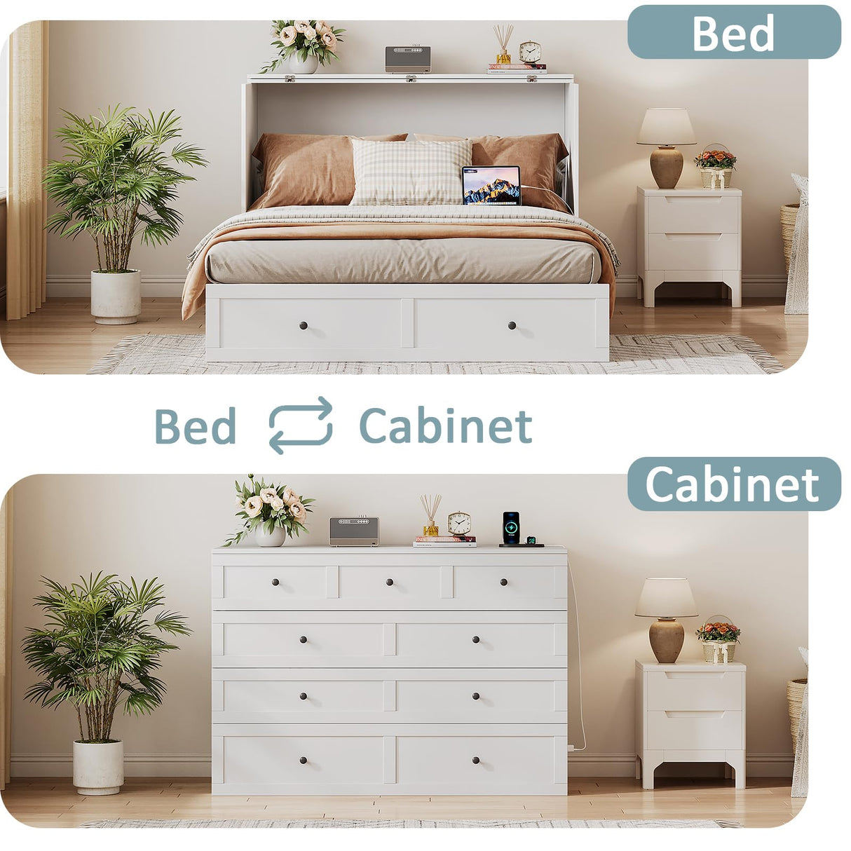 LIVAUVEAD Full Size Murphy Bed with Charging Station & Drawer, Full Size Mobile Cabinet Bed Frame, Murphy Chest Bed for Bedroom, Guest Room LIVAUVEAD