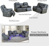 Air Leather Power Recliner Sofa Set with LED, Reclining Living Room Furniture Sets, Power Recliner Couch Set with USB Ports for House/Home Theater (Dark Grey, Sofa+Loveseat+Chair) AYCP Furniture
