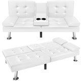 VICTONE Futon Sofa Bed Modern Faux Leather Couch Bed Convertible Folding Recliner for Living Room with 2 Cup Holders and Armrest (White) VICTONE
