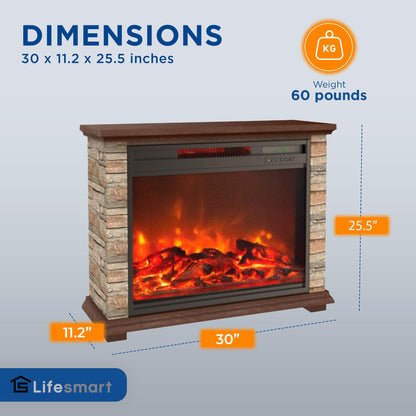 LifeSmart LifePro 1500 Watt Electric Infrared Quartz Fireplace Heater for Indoor Use with 3 Heating Elements and Remote, Faux Stone & Oak Wood