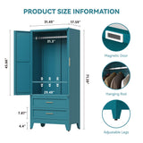 Baborokic Metal Wardrobe Cabinet with Hanging Rod, 71" Armoire Wardrobe Closet with 2 Drawers,Farmhouse Metal Clothing Storage Cabinets with Door and Adjustable Shelves for Bedroom,Laundry Room(Blue) Baborokic