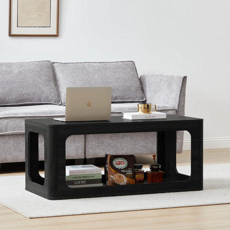 YUCHIATH Coffee Table for Living Room, Farmhouse Coffee Table with 2-Tier Storage, Accent Wood Coffee Table for Living Room (Black) YUCHIATH