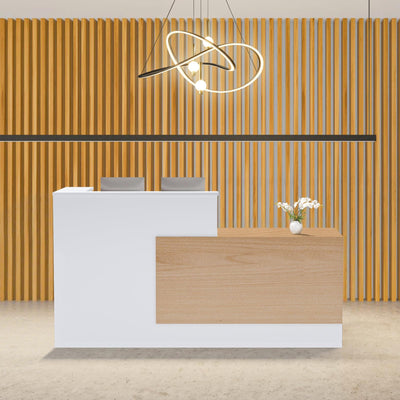 kaiwrxin L-Shaped Modern Reception Desk with Counter & Storage - 71" Large Office Front Desk, Salon Checkout Counter with Lockable Cabinets, Shelves(Oak & White, Left - 71''L x 34''W x 41''H)