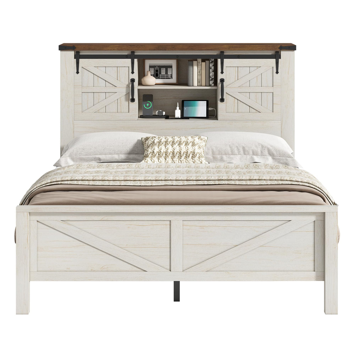 AMERLIFE Farmhouse Full Bed Frame, Rustic Wood Platform Bed Barn Door Storage Bookcase Headboard & Charging Station, Bedroom Furniture, No Box Spring Needed, Antique White AMERLIFE