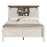 AMERLIFE Farmhouse Full Bed Frame, Rustic Wood Platform Bed Barn Door Storage Bookcase Headboard & Charging Station, Bedroom Furniture, No Box Spring Needed, Antique White AMERLIFE