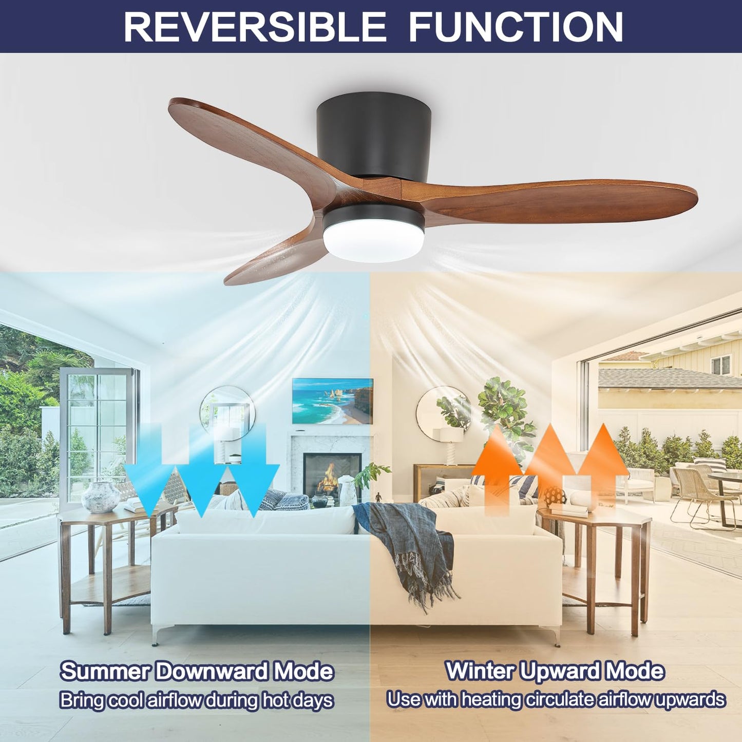 TRSIOPFC 42 Inch Flush Mount Ceiling Fan with Lights 3 Wood Fan Blade Noiseless Reversible DC Motor Remote Control Flush Mount Ceiling Fan with Light for Farmhouse Modern Style - WoodArtSupply