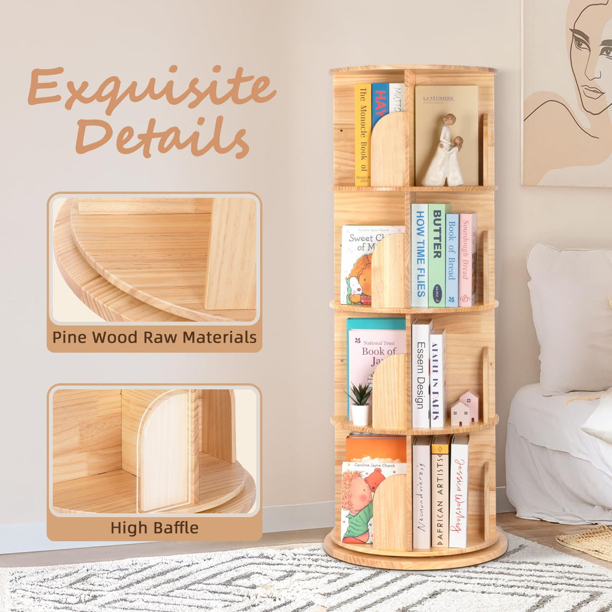 OOOK Rotating Bookshelf for Kids & Adults, 4-Tier 360° Spinning Solid Wood Book Organizer, Space-Saving Floor Standing Bookcase for Study Room, Bedroom, Living Room, Office OOOK