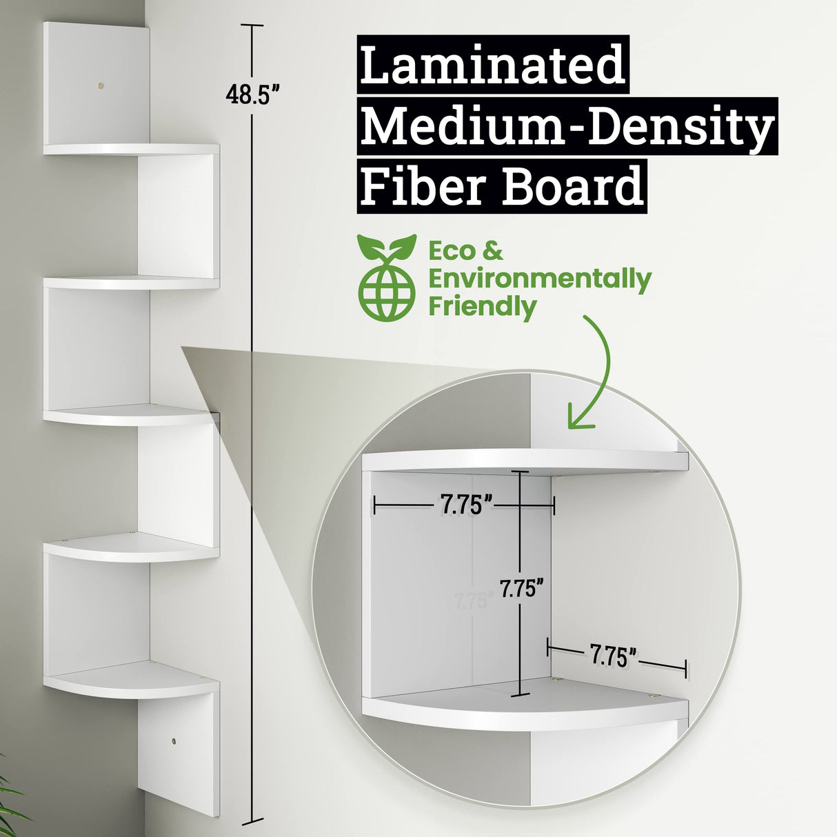 Greenco 5-Tier Floating Corner Shelves, Wall Organizer Storage, Easy-to-Assemble Wall Mount Shelves for Bedrooms, Bathroom, Kitchen, Offices, and Living Rooms(Rustic White Finish) Greenco