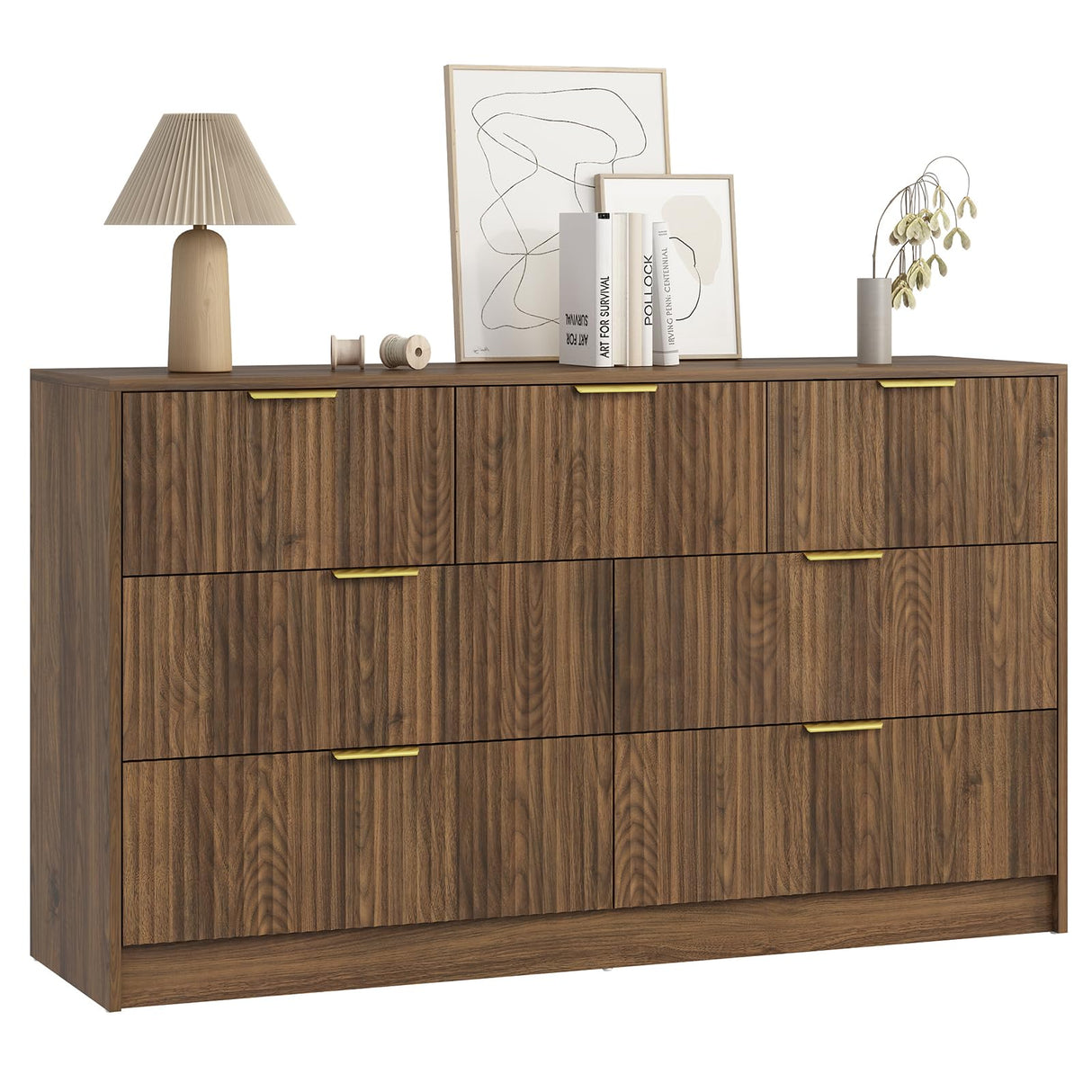 Sscaktu 7 Drawers Dresser for Bedroom，55" Wide Fluted Dresser with Deep Drawers, Modern Chest of Drawers, Mid Century Wood TV Stand Storage Organizer for Closet, Living Room, Hallway, Natural Sscaktu