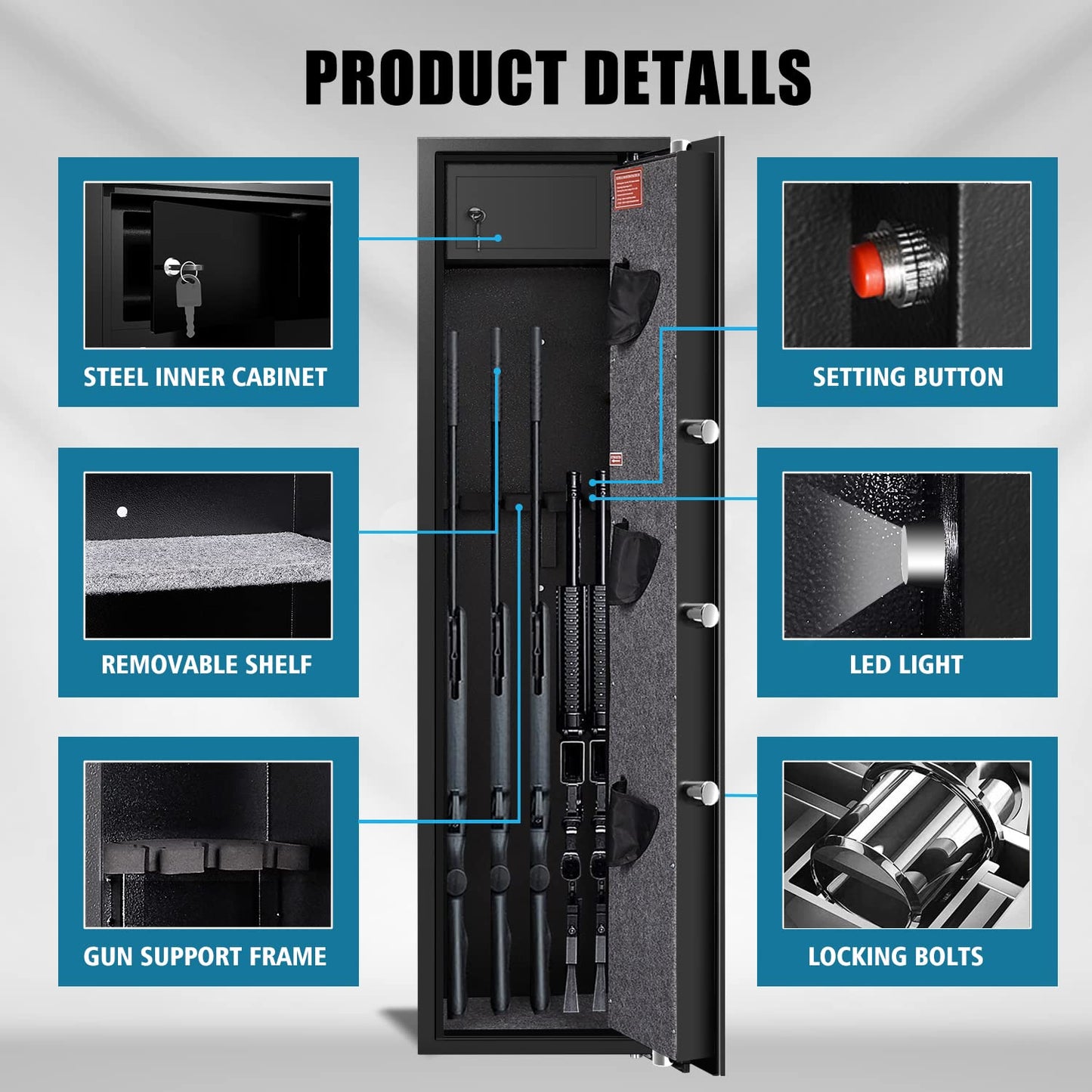 MARCREE Digital Password Long Gun Safes,Rifle Gun Safe Quick Access 5 Gun Storage Cabinet for Home Rifles Shotguns, Adjustable Support Frame, Removable Shelf, for Rifles Shotguns Pistols