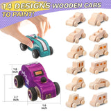 WOWOSS 14 Pcs Wooden Cars to Paint, Unfinished Craft Toys for Students, Race Car Party Favors, With 3 Sets of Paint & 5 Car Sticker Sheets WOWOSS